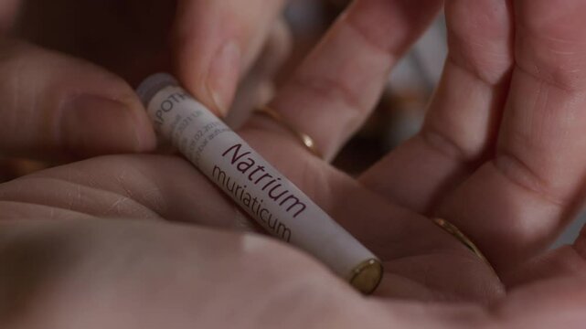Natrium Homopathy globules presented in hand.
