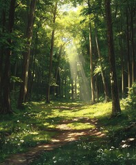 Obraz premium Sunlit Forest Path: A Serene Woodland Trail Bathed in Golden Light