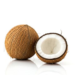 Coconut on white background with two pieces.
