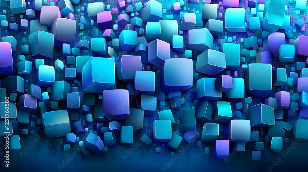 Poster abstract blue cube background; 3d digital art; website banner; tech presentation