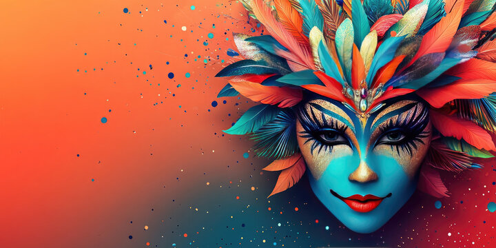 Girl in a bright carnival mask with feathers on a orange background. Banner for Mardi Gras Carnival Day in in USA, in New Orleans. Banner. Copy space. Flat lay. Top view. Mock up.