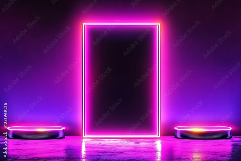 Poster neon-lit display with two circular platforms and a large rectangular frame.