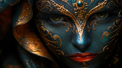 Obraz premium Portrait close-up smooth Beautiful young woman with carnival makeup and mask. Banner for Mardi Gras Carnival Day in in USA, in New Orleans. Banner.