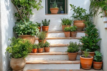 Fototapeta premium Many terracotta pots decorating white stairs in a peaceful mediterranean courtyard