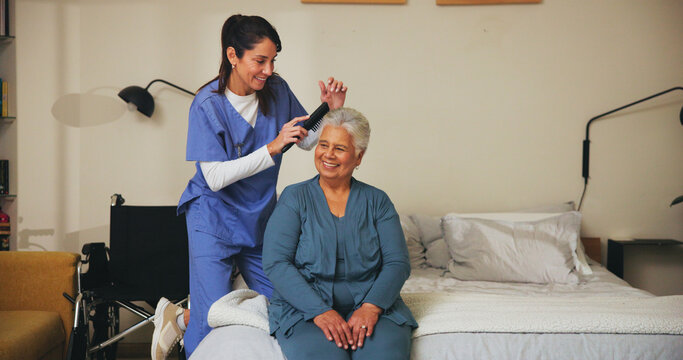 Nurse, brush and senior patient with hairstyle for self care, grooming or morning routine at assisted living. Healthcare, retirement home and caregiver help elderly woman with beauty treatment. - Powered by Adobe