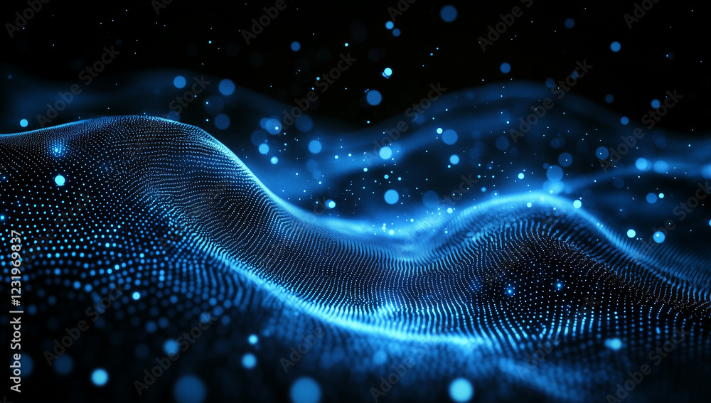Poster abstract blue digital background featuring glowing dots and waves of particles against a black space