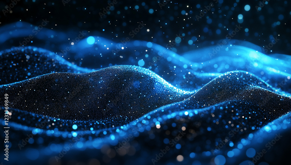 Poster abstract blue digital background featuring glowing dots and waves of particles against a black space