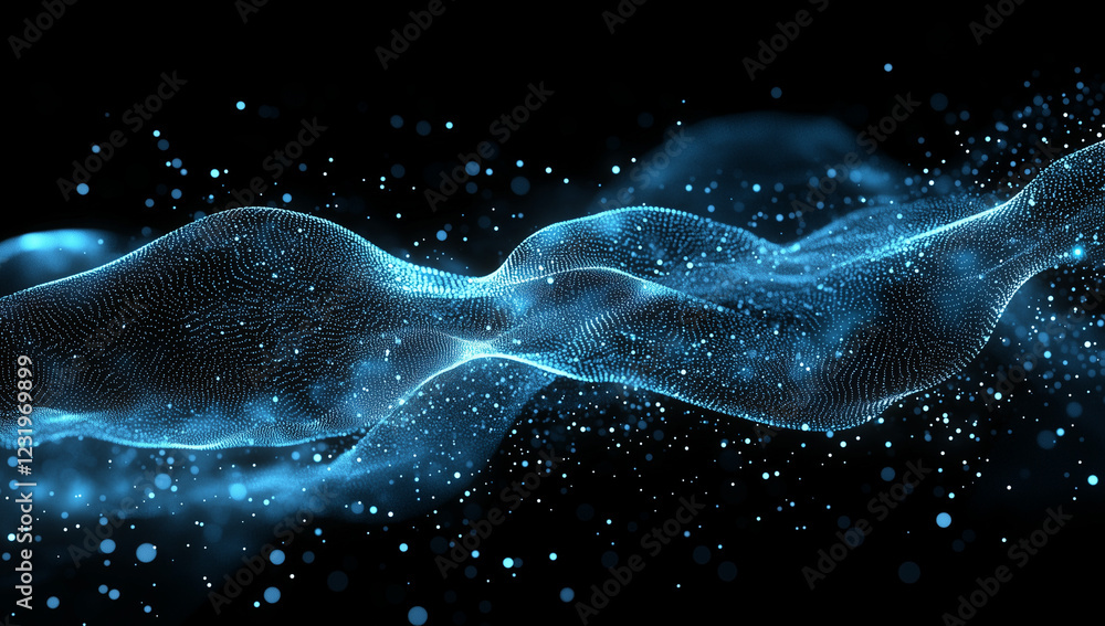 Poster abstract blue digital background featuring glowing dots and waves of particles against a black space