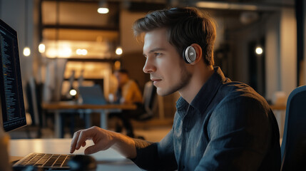Inclusive IT Specialist with Hearing Aid Working in a Modern Coworking Space