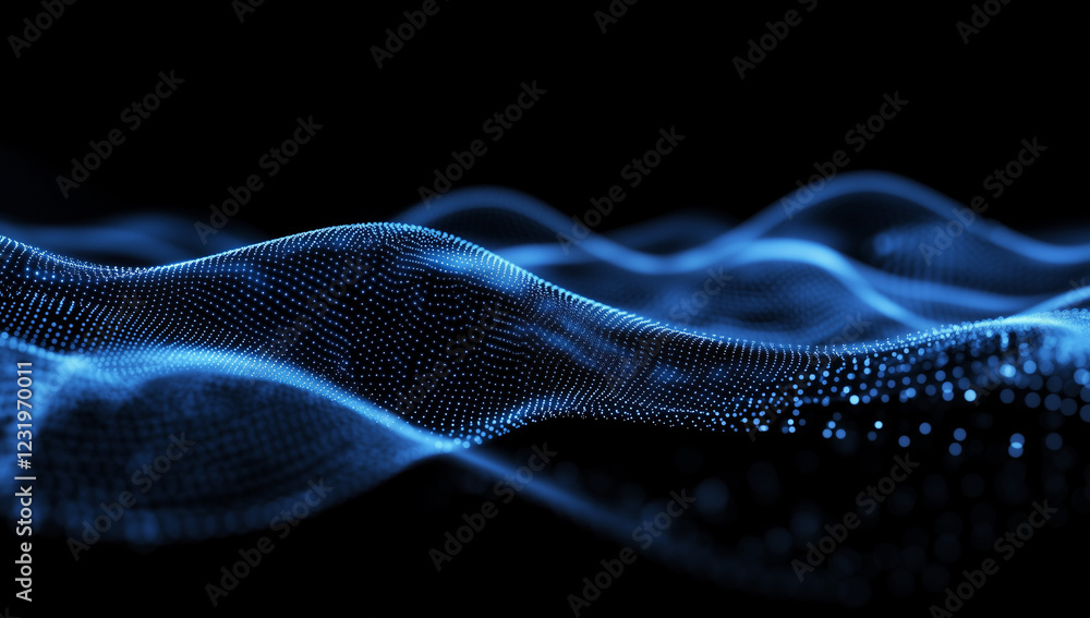 Poster abstract blue digital background featuring glowing dots and waves of particles against a black space