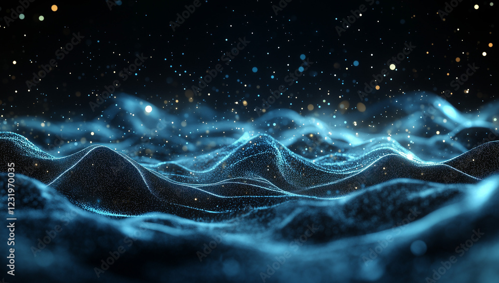 Poster abstract blue digital background featuring glowing dots and waves of particles against a black space