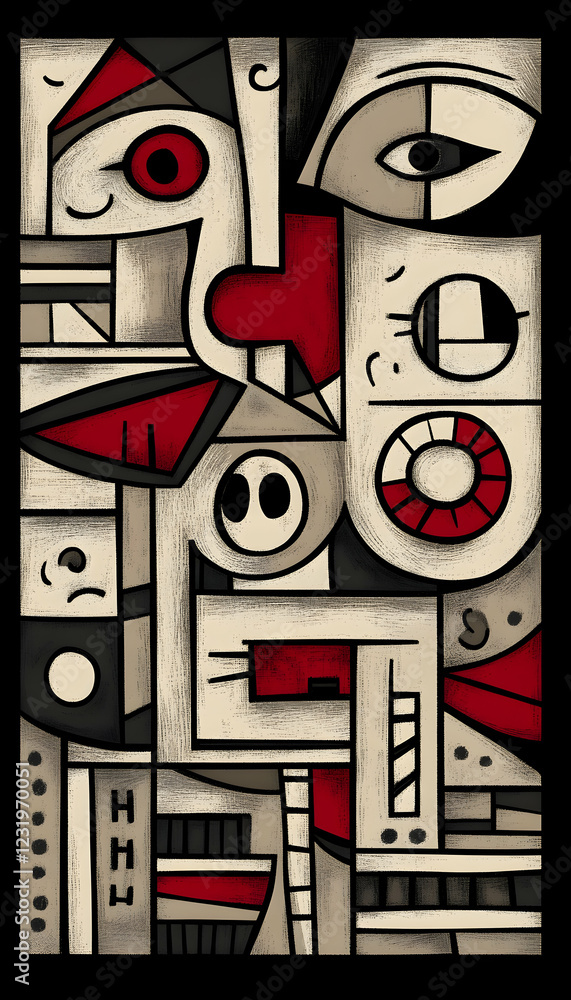 Poster abstract cubist art depicting faces and objects; urban background; suitable for design projects