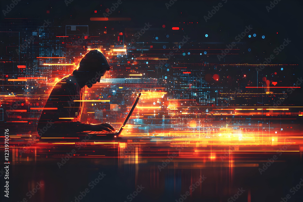 Poster hacker working late, digital data streams
