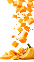 Fototapeta premium Freshly fallen pumpkin cubes isolated on a white background. 