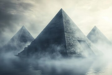 ancient pyramids levitating above misty lake surface, mystical atmosphere, ethereal lighting, surreal architectural wonder, dream-like composition