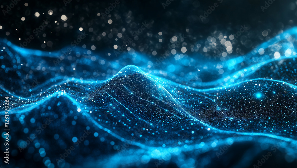 Poster abstract blue digital background featuring glowing dots and waves of particles against a black space