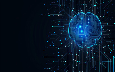 Artificial Intelligence concept with a blue digital brain and circuit board, vector illustration design background for a technology poster or banner on a black backdropor 