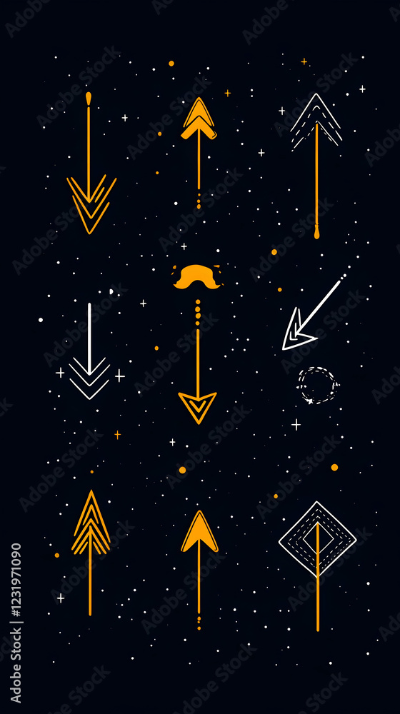 Poster abstract gold arrows pointing up and down on dark background; design element for website or app