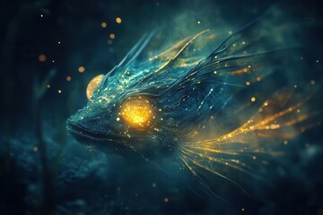 Naklejka premium ancient sea creature with iridescent scales and bioluminescent features emerges from murky depths, combining humanoid and aquatic elements in dark atmospheric scene