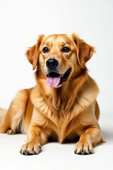 Golden retriever rests on seamless white backdrop , pet, domestic animal