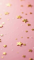 Golden star confetti sprinkles on pastel background, holiday, pastel