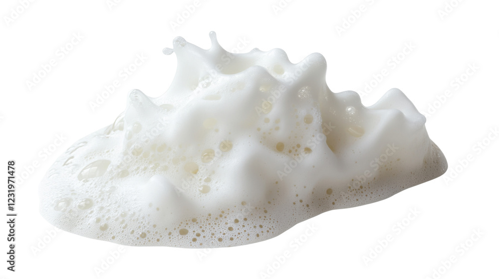 Poster white foam splashing and forming bubbles on transparent background