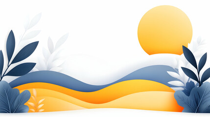 Fototapeta premium Abstract landscape illustration sun, hills, leaves. Perfect for website banners or social media
