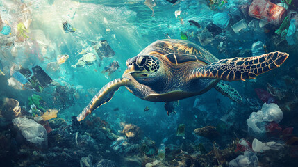 Obraz premium Nature pollution cartoon banners. Wild animals suffer of plastic garbage and oil in ocean and sea water. Gull and turtle stuck in trash and wastes. Ecology, environment contamination Vector concept