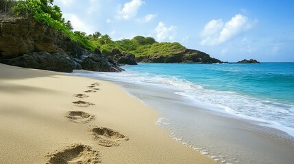 Serene Secluded Island Beach with Tranquil Footprints in Sand