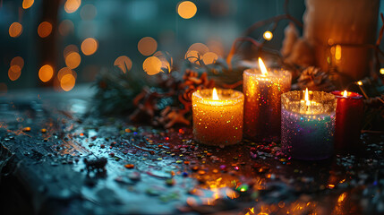 Christmas, candles, presents, rainbow colors