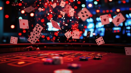 Playing cards fly mid-air over a casino table with colorful lights and chips, capturing the excitement of gambling