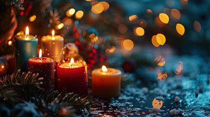 Christmas, candles, presents, rainbow colors