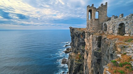 Fototapeta premium Dramatic Cliffside Ruins Overlooking Endless Ocean Horizon