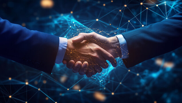Two businessmen shaking hands against a backdrop of digital technology, symbolizing collaboration and partnership in the modern business world. 