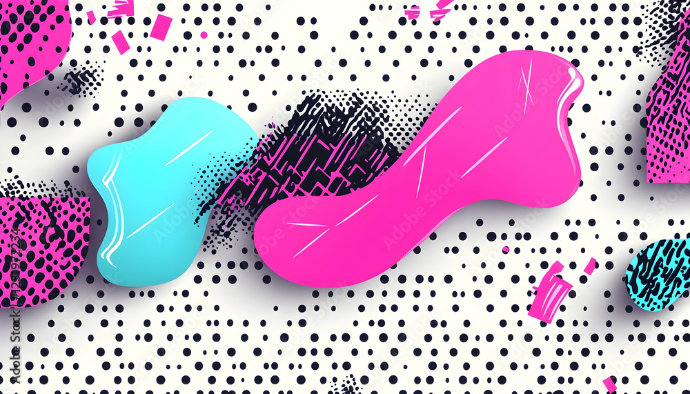 Poster abstract pink and blue shapes on dotted background; design element for website or print