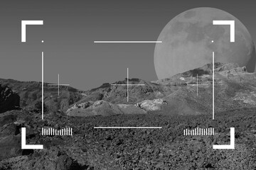 Abstract planet or asteroid landscape with giant moon at the horizon. Elements of this image...