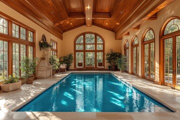Luxurious indoor swimming pool with wood ceiling and large windows illuminating the turquoise water
