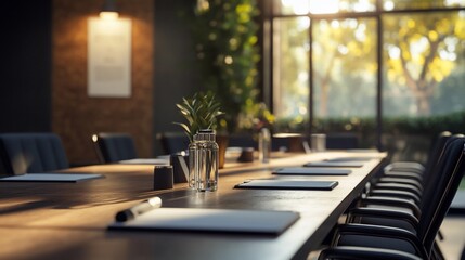 Modern office conference room, sunlit, meeting prep