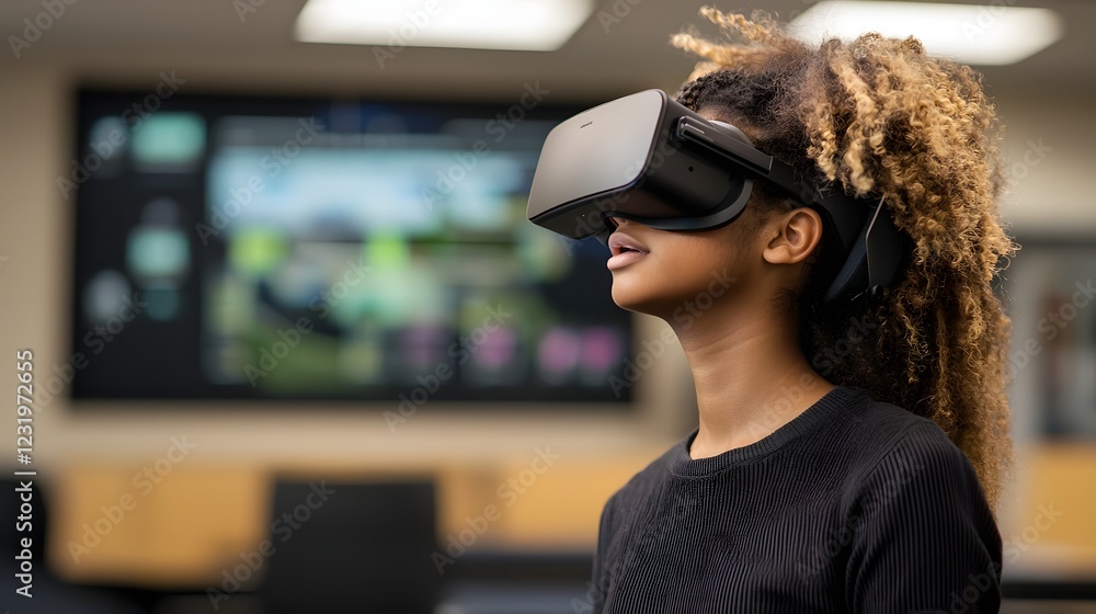 Poster student exploring immersive virtual reality classroom with engaging gaming mechanics and interactive