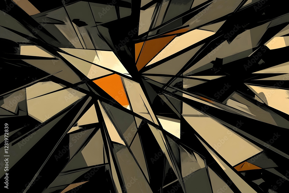 Poster abstract shattered glass art; sharp, angular fragments; dark background; design element