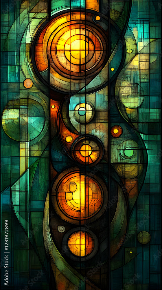 Aufkleber abstract stained glass artwork; vibrant colors, circular patterns, vertical lines; background is dar
