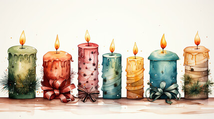cute Christmas candles , watercolor simple style, sketch, retro illustration style, bright colors, white background