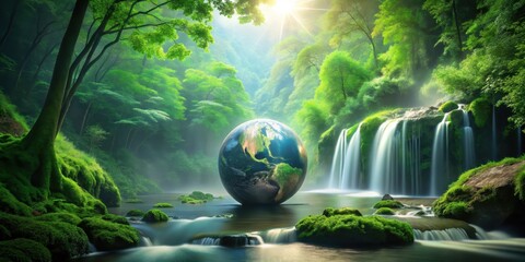 Serene Waterfall Cascading Through Lush Greenery, Encircling a Tranquil Earth Globe at the Heart of a Verdant Paradise