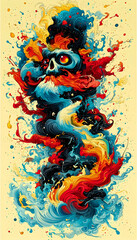 Abstract skull in vibrant paint splash; artistic design, digital art