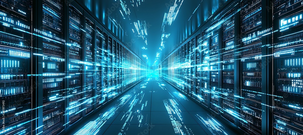 Poster data center corridor: a futuristic visualization of high-speed data transfer