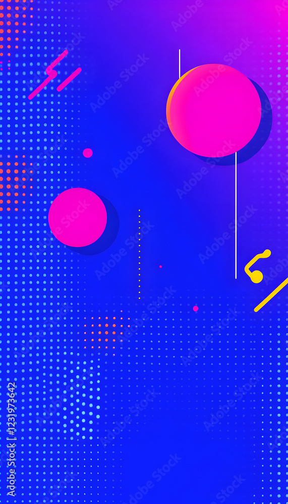 Poster abstract vibrant gradient background with pink circles and geometric shapes, ideal for mobile app in