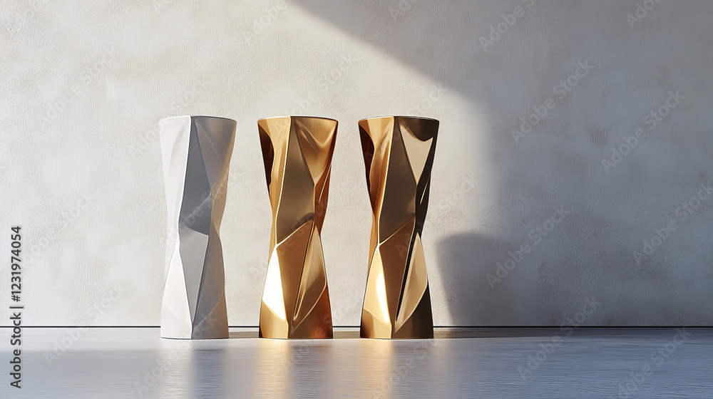 Poster white pedestals, empty 3d stands different shapes. vector realistic set of blank podiums for display