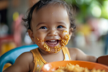 Generative AI image of a cute baby eating food in a highchair with a messy and funny expression