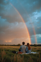 Romantic couple enjoying picnic under vibrant rainbows at dusk, love