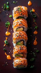  Sushi roll with salmon topping arranged in line, garnished with black sesame seeds, green onions, and spicy mayo drizzles on dark background creating modern culinary presentation.